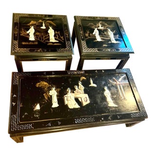 1970s Vintage Asian Style Black Lacquer, Mother-Of-Pearl Coffee & Side Tables - Set of 3 For Sale