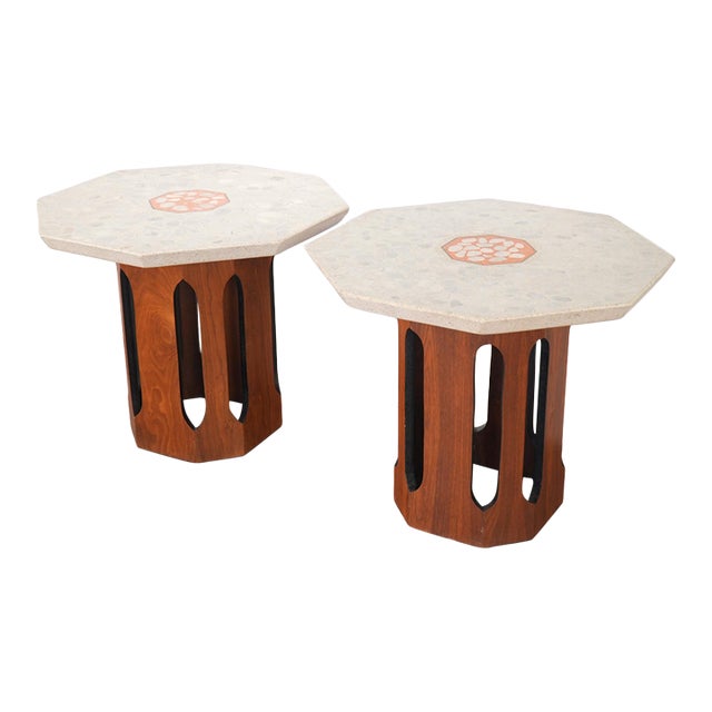 Pair Harvey Probber Terazzo & Walnut Side Tables For Sale