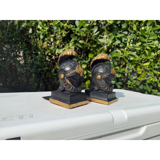 Black Vintage Neoclassical Greek Corinthian Helmet Bookends in Black & Gilt Finish, a Pair For Sale - Image 8 of 10
