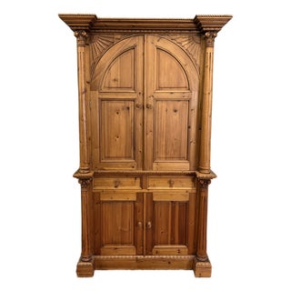 Vintage English Large Pine Cupboard Cabinet Corinthian Capitals Fluted Columns For Sale