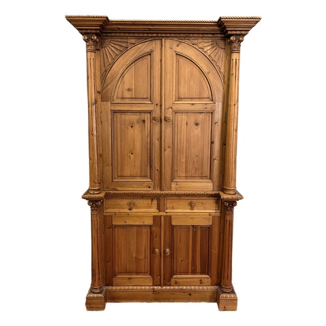 Vintage English Large Pine Cupboard Cabinet Corinthian Capitals Fluted Columns For Sale
