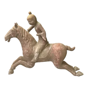 Chinese Vintage Terracotta Clay Man Riding Horse Figure Display Art