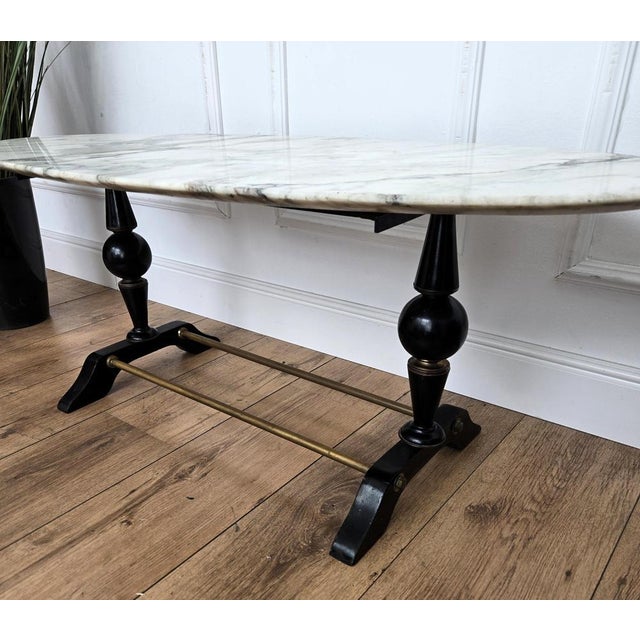 Wood Mid-Century Modern Italian Coffee Table in Carved Walnut with Oval White Marble Top, 1950s For Sale - Image 7 of 9