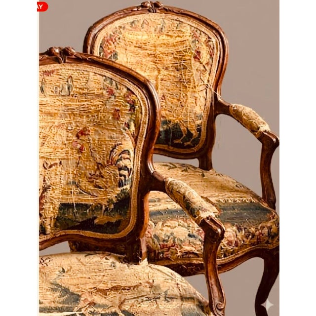 Pair of Early 19th Century French Louis XV Style Children's Armchairs, Aubusson Tapestry Fauteuils, Carved Walnut Cabriole Legs For Sale - Image 4 of 18