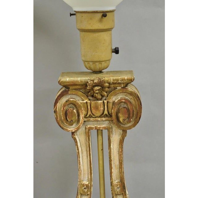 Italian Neoclassical Cream & Gold Gilt Carved Wood Harp Column Table Lamp - Pair For Sale - Image 4 of 14