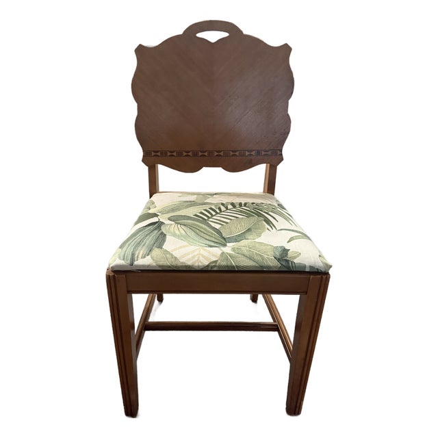 1930s Art Deco Vanity Chair Featuring Walnut Burl Veneer Inlay With Embroidered For Sale
