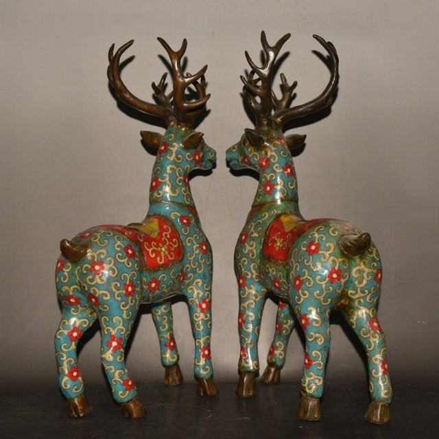 Monumental Pair of Vintage Cloisonné Enamel & Gilt Bronze Deer Figures For Sale - Image 4 of 9