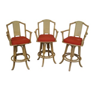 Vintage Bent Bamboo & Rattan Swivel Bar Stools -- Set of 3 For Sale