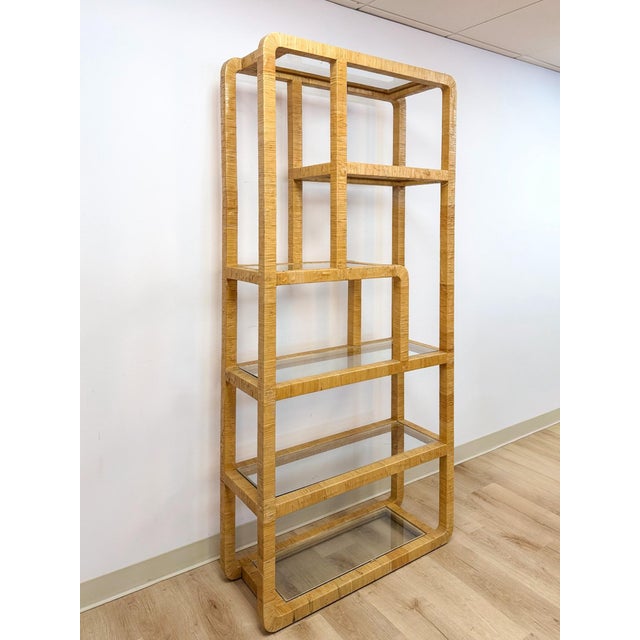 Coastal Etagere Rattan Wrapped Milo Baughman Style Five Tier Glass Shelf MCM For Sale - Image 10 of 15