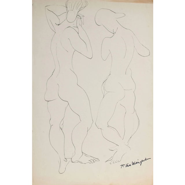 This mid 20th century ink on paper painting of two Expressionist figures is by Dutch-Californian Expressionist Richard Van...