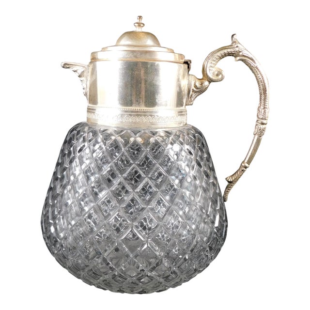 1940s Edward Latham Large Cut Crystal Carafe Jug Bottle Decanter With Silver Top For Sale