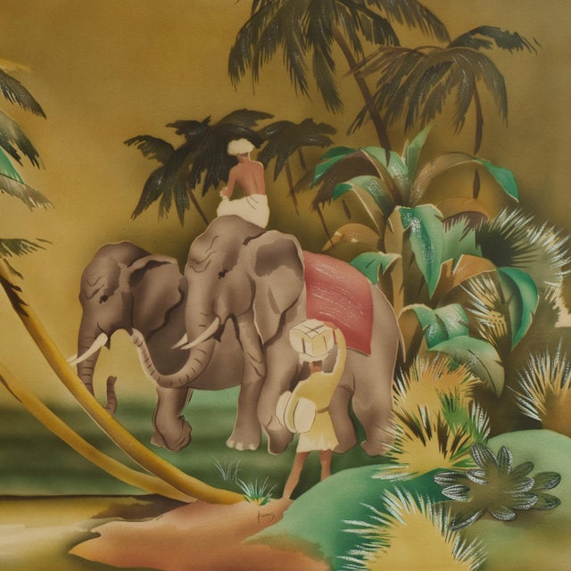 Tropical Anglo Indian Style Air Brush Painting With Elephants For Sale In West Palm - Image 6 of 10