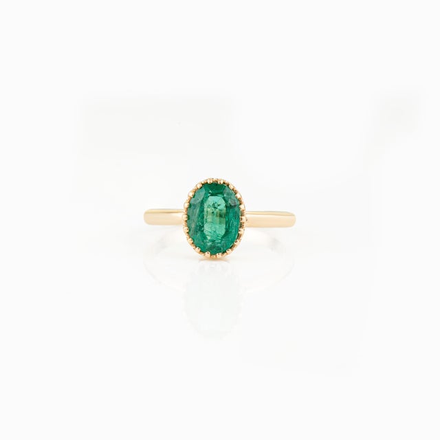 Vintage Inspired 1.9ct Natural Emerald Oval Solitaire Ring Size 8 in 18k Yellow Gold For Sale - Image 4 of 16