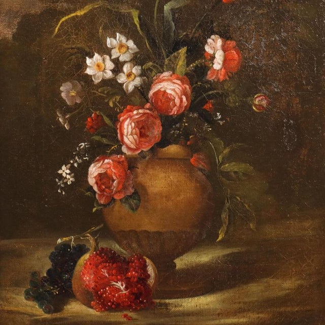 Italian Artist, Still Life with Flowers and Fruit, 1700s, Oil on Canvas, Framed For Sale - Image 3 of 10