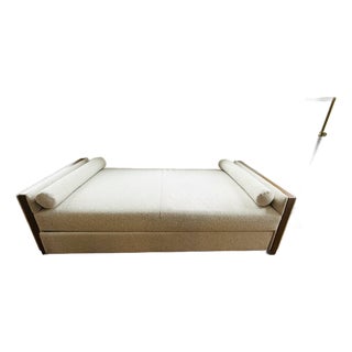 Modern Daybed With Trundle in a Cozy Boucle Fabric and Walnut Wood Trim For Sale