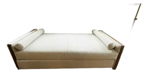 Modern Daybed With Trundle in a Cozy Boucle Fabric and Walnut Wood Trim
