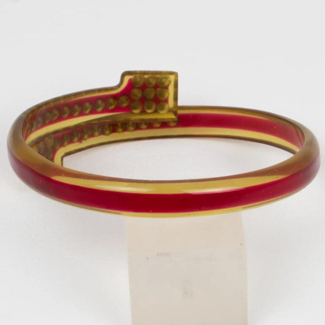 1920s French Celluloid Bracelet Geometric Bypass Bangle with Orange and Red Crystal For Sale - Image 5 of 6