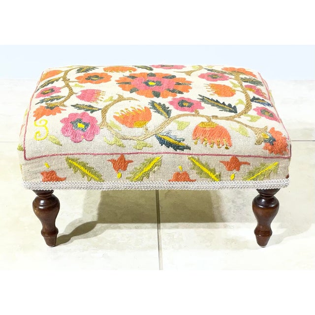 exquisite, hand-embroidered antique footstool. This piece seamlessly blends traditional craftsmanship with timeless...