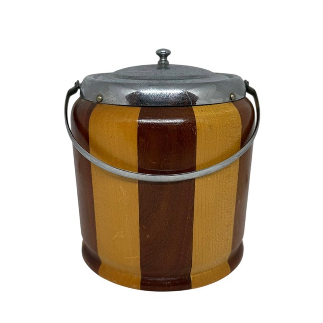 Mid‑20th Century English Striped Oak Biscuit Barrel — Cream Glaze Interior, Silver‑Plate Accents For Sale - Image 4 of 12