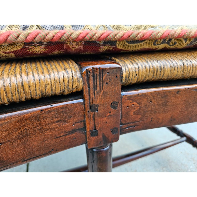 Antiqued Rush Three Seat Bench With Kilim Style Cushion For Sale - Image 10 of 13