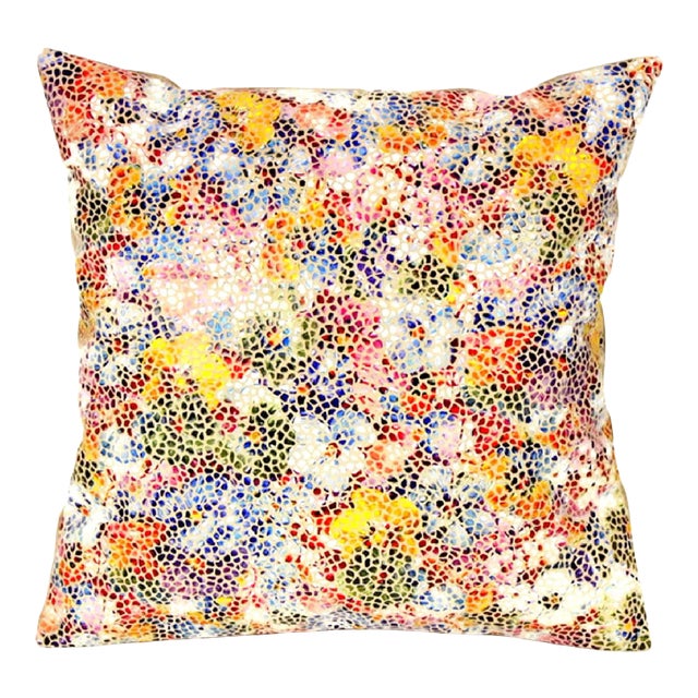 Floral Mosaic Genuine Leather Pillow For Sale
