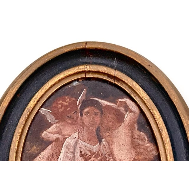 A diminutive antique 19th century oil painting on wood, "Péveil it riceur”, "awakening of the heart". The image displays a...