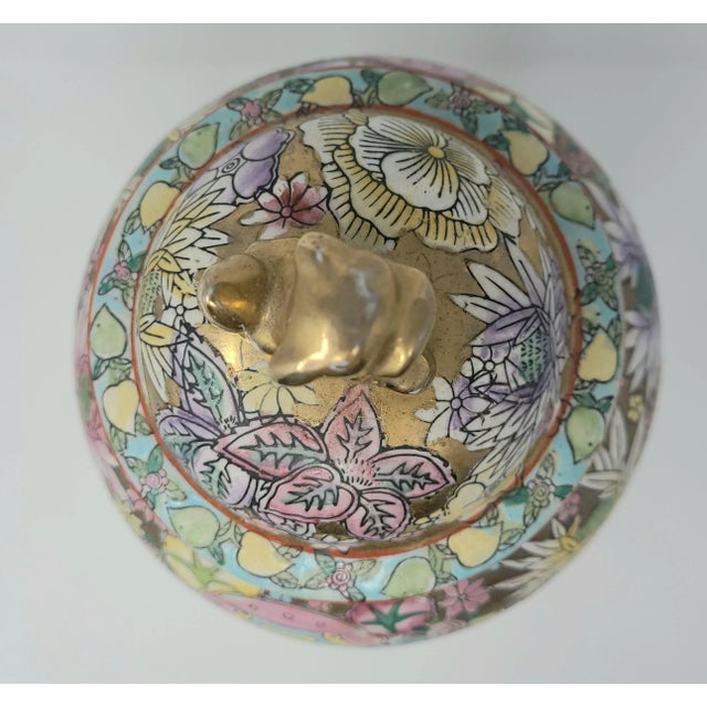 Vintage Rose Medallion Hand Painted Ginger Jar With Gold Foo Dog Lid For Sale - Image 10 of 13