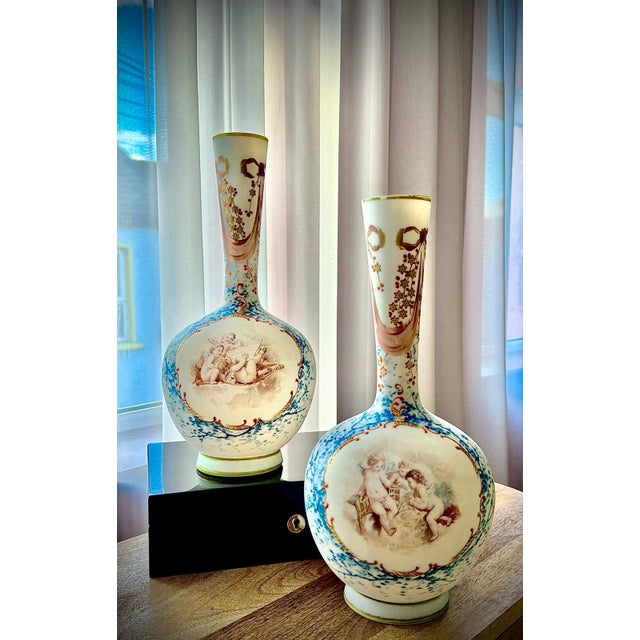 French Opaline Glass Vases with Hand-Painted Cherubs, 19th Century, Set of 2 For Sale - Image 14 of 17