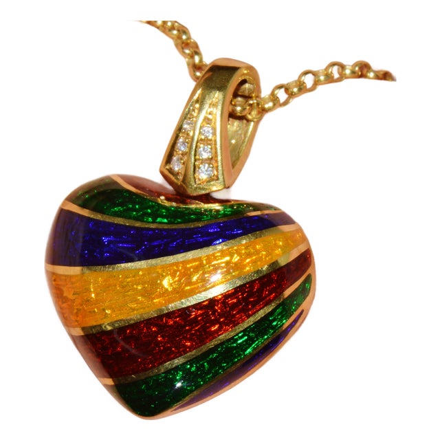 Italian Designer Barbero & Ricci 18k Solid Gold Diamond Enamel Heart Enhancer Pendant Charm For Sale