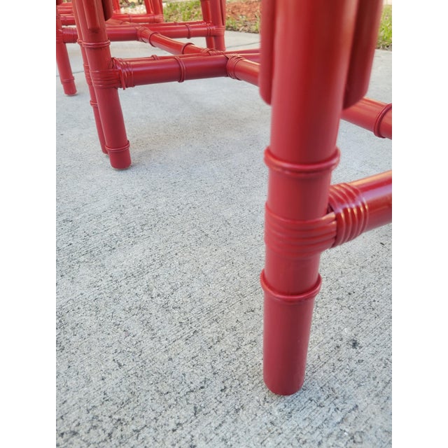 Wood Vintage Cherry Red Regency Style Chippendale Rattan Dining Room Chairs Set of 5 For Sale - Image 7 of 12