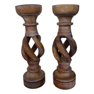 Hand Carved Open Barley Twist Candlestick Holder - A Pair For Sale