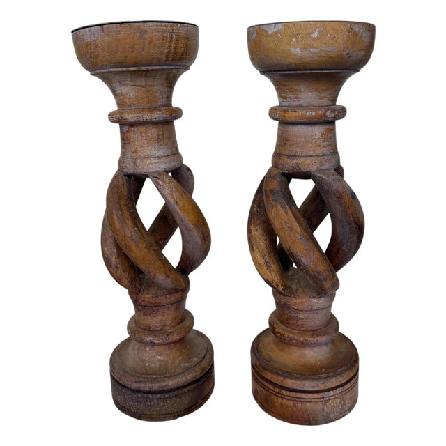 Hand Carved Open Barley Twist Candlestick Holder - A Pair For Sale