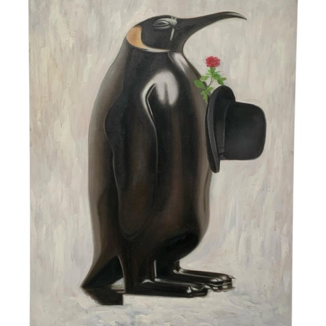 Original Francois Lucet Painting "Rendez Vous D'amour" Penguin Rose Oil Canvas 29x40 Usa 2019 For Sale - Image 4 of 8