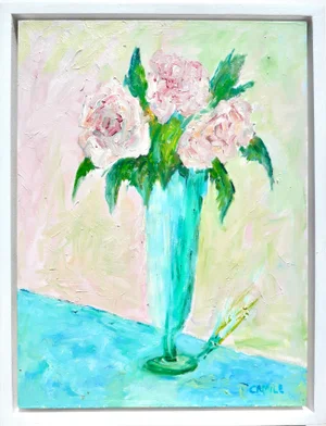 "Three Roses in a Vase" Framed Oil Painting