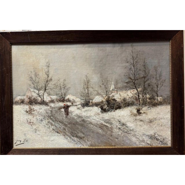 Hill Jean, Belgium Winter Landscape Man Alone Church in the Background, 1916, Oil on Canvas, in Very Good conditions....