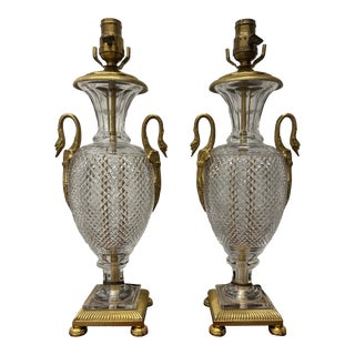 Pair, French Neoclassical Cut Crystal & Bronze Swan Ormolu Baccarat Attr Lamps For Sale