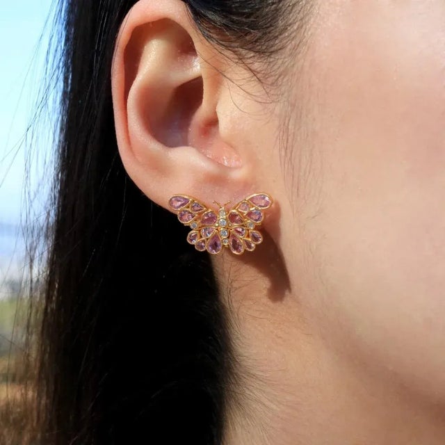 Nina Zhou Jewelry Nina Zhou Butterfly Pink Sapphire Diamond Earrings in 14k Gold - a Pair For Sale - Image 4 of 6
