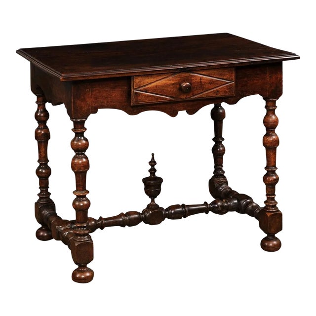 17th Century French Louis XIII Period Walnut Side Table with Baluster Legs and Carved Finial For Sale