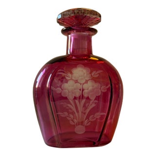 Antique Bohemian Cranberry Glass Liquor Decanter With Etched Floral Bouquet & Faceted Stopper For Sale