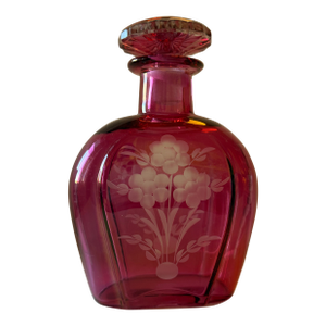 Antique Bohemian Cranberry Glass Liquor Decanter With Etched Floral Bouquet & Faceted Stopper