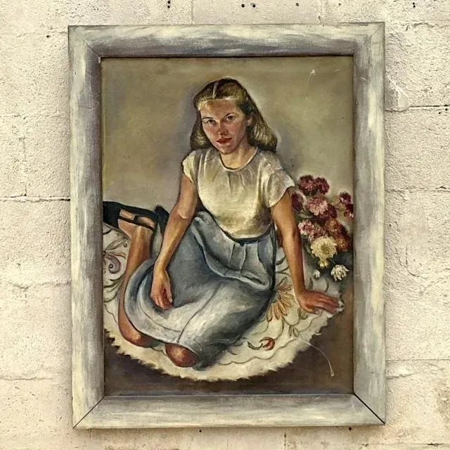 Portraiture Vintage Boho Original Oil Portrait Painting on Canvas For Sale - Image 3 of 10