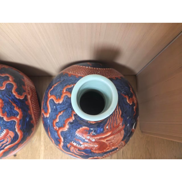 Blue A Pair of Chinese Ceramic Vase Ming Dynasty Xuande Marked Blue Ground Famille Verte Porcelain Tianqiu Vase Hand Painted Dragon Pattern For Sale - Image 8 of 16