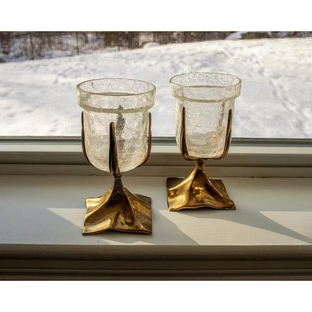 Art Nouveau Vintage Brass and "Crack Glass" Votives- Set of 2 For Sale - Image 3 of 3