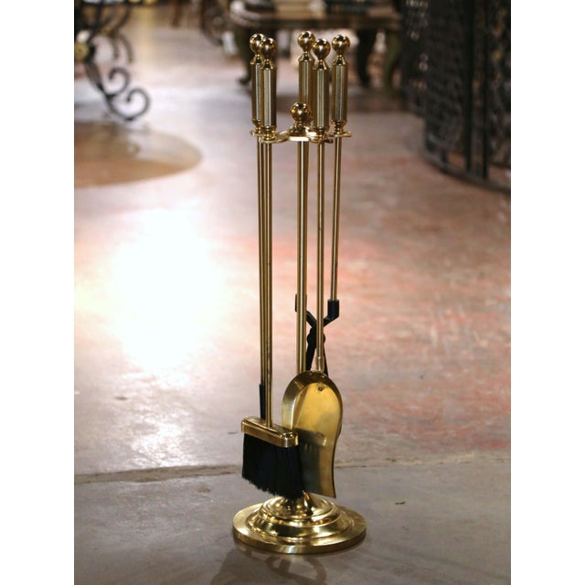 Place this elegant antique fireplace tool set next to your mantel. Crafted in France circa 2000 and built of brass and...