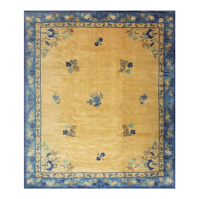 1920s Large Size Bold Yellow Field Handknotted Art Deco Wool Antique Chinese Rug For Sale