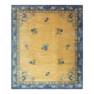 1920s Large Size Bold Yellow Field Handknotted Art Deco Wool Antique Chinese Rug
