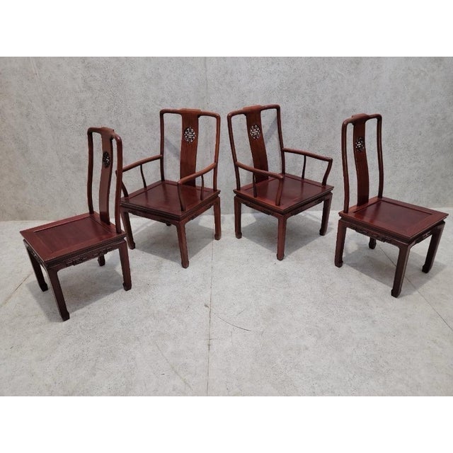 Vintage Asian Rosewood Carved Longevity Extending Dining Table and 8 Chairs - Set of 9 For Sale - Image 10 of 12