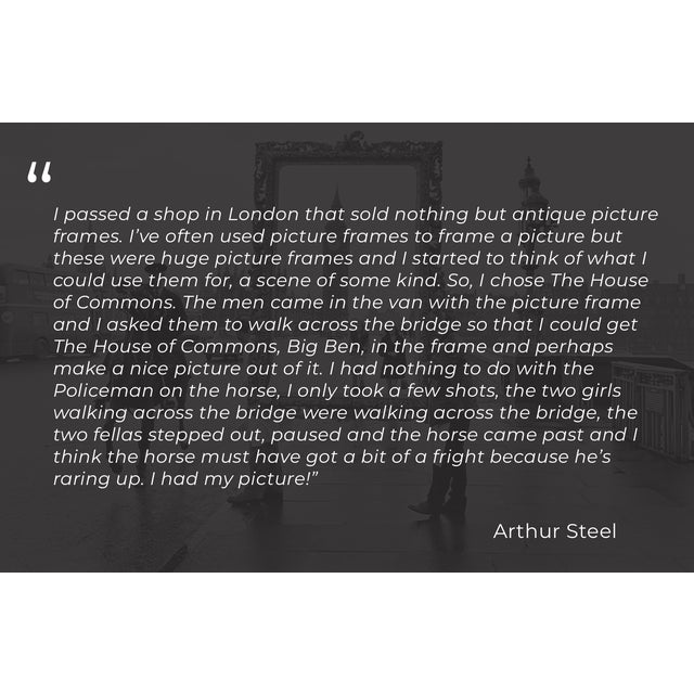 An enormous antique picture frame is carried across Westminster Bridge, framing Elizabeth Tower, London, 1969 Renowned...