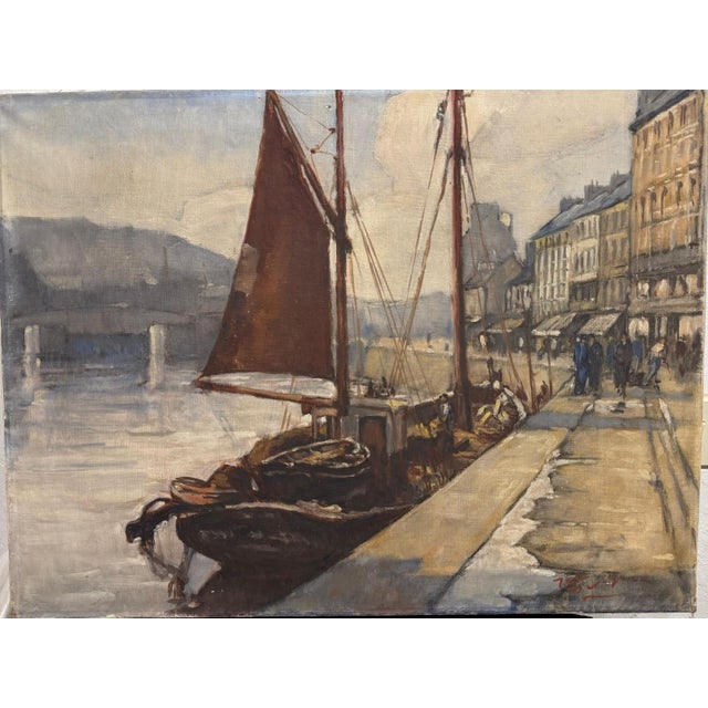 Jean Darignan, Fishing Boat, Oil Painting on Canvas, in Very Good conditions. Designed 1950 to 1959 This piece is designed...