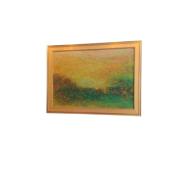 Vintage gold framed oil on canvas painting in the pontillist style. Signed indistinguishable but dated 59'. The yellows...